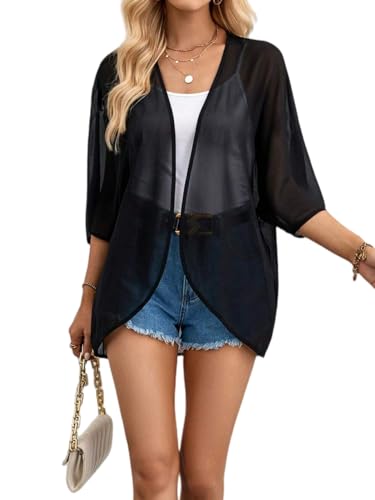 Image of Womens Kimonos Chiffon Cardigan Sheer Beach Cover Up for Women, 3 /4 Sleeve Tops Summer Vacation Outfits for Women