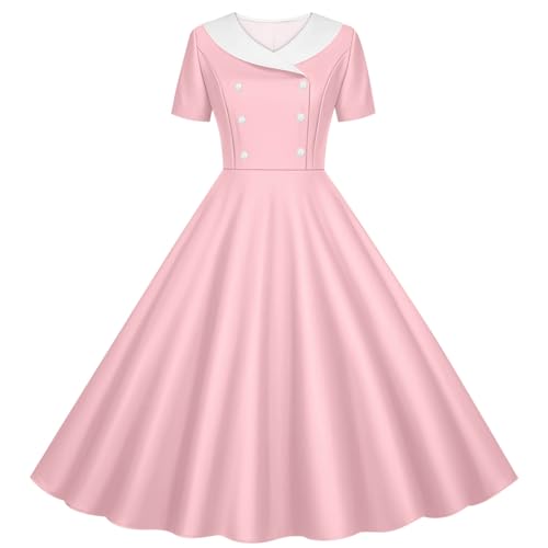 Image of duxyoz Girls Vintage Dresses 50S 60S Retro Rockabilly Swing Sailor Dress Solid Color Preppy School Dress Flared A Line Skater Twirly Dresses Vintage Prom Partydress Midi Tea Dress 12-13 Years B Pink