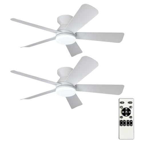 Image of Depuley 42-Inch Ceiling Fans with Lights: Flush Mount Ceiling Fan with Remote Control Indoor /Outdoor - White 5 Blade Low Profile Fandelier for Kitchen Gazebo - Reversible Quiet Timer - 2 Packs