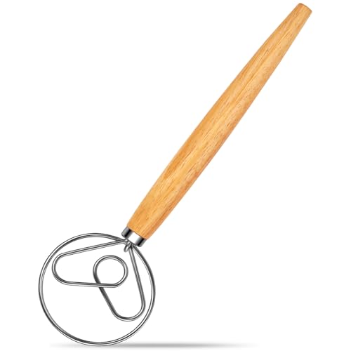 Agttete Danish Dough Whisk Stainless Steel Hook Dutch Bread Mixer for Sourdough Baking Hand Tool with Wooden Handle Making Blending Pastry Pizza Dough