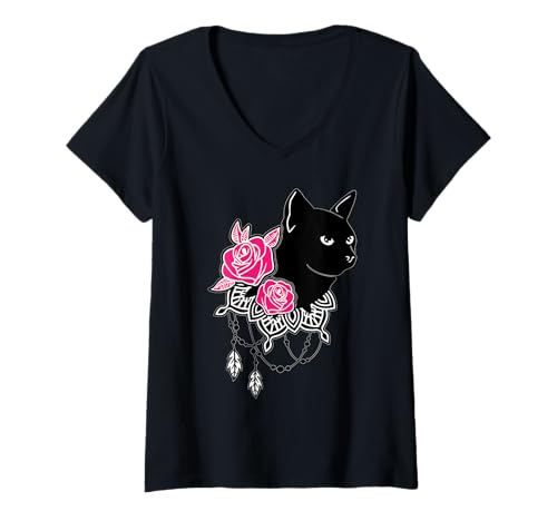 Femme BLACK CAT PINK ROSES Adorable Kitten LOVERS | CAT love T-Shirt avec Col en V