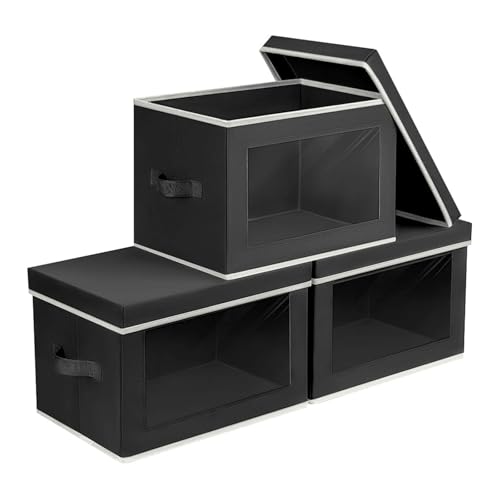 Image of Homsorout Storage Bins with Lids - Small Fabric Organizers with Window, Collapsible Storage Bins for Clothes, Decorative Closet Organizers for Towels, Tshirt, 3 Pack, Black