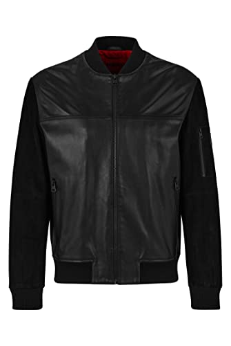 HUGO Herren Lenn Jacke aus Nappaleder mit Logo-Aufnäher Schwarz L