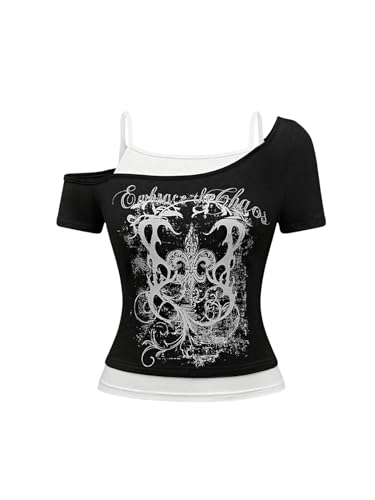 SOLY HUX Women's Y2k Goth Graphic Tees Cold Shoulder Short Sleeve T Shirt Color Block Summer Tops