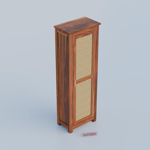 Image of Solid Sheesham Wood Wardrobe with Cane Panel Door | Single Door Wooden Storage Cabinet | Modern Tall Cupboard for Bedroom & Living Room (Honey Finish)