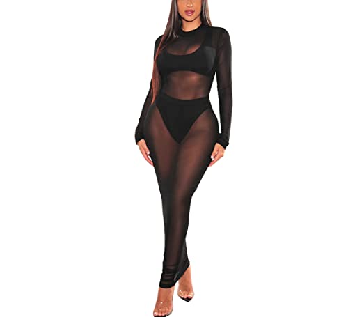 Azhong Women’s Sexy See Through Long Sleeve Mock Neck Sheer Mesh Bodycon Cocktail Club Party Cover Up Maxi Dress