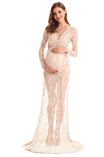 MYRISAM Boudoir sukienka ciążowa z długim rękawem koronkowa damska głęboki dekolt w serek wesele długa sukienka do kąpieli mlecznej suknia do sesji zdjęciowej, BEŻOWY, M
