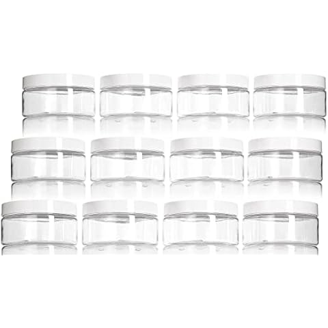JUVITUS 8 oz Clear PET Plastic Low Profile Jar with White Smooth Lids (12 Pack) BPA Free Large Refillable Empty Storage Containers Cover