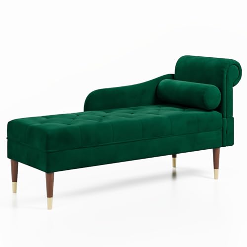 Vesgantti Velvet Chaise Longue, Indoor Lounge Sofa with Right Armrest and Lumbar Pillow, Upholstered Chaise Lounge for Living Room Bedroom and Office, Tool-free Assembly(Green)