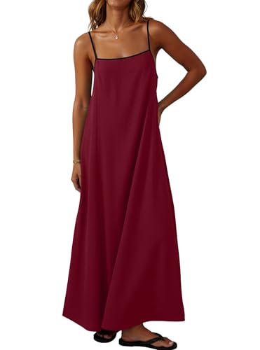 Lepunuo Summer Plus Size Dresses for Women Boho Sundress Contrast Spaghetti Strap Backless Beach Maxi Dress A - Wine Red