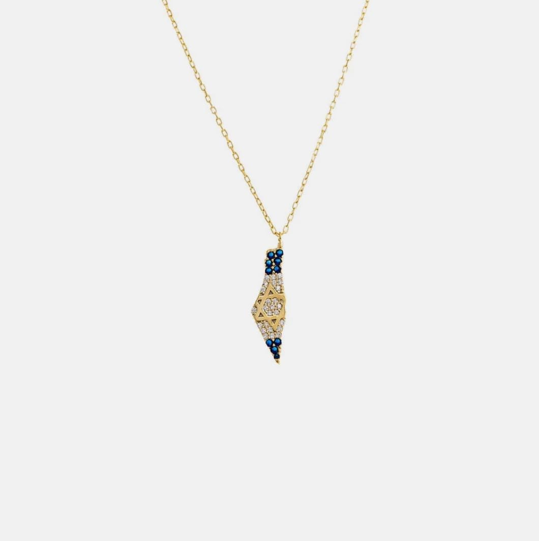 Gold Israel Pendant Necklace - Gold Plated on 925 Sterling Silver - Cubic Zirconia & Sapphire - Israel Map Pendant - Jewish Jewelry Necklace - Gold Chain Included - Image 3