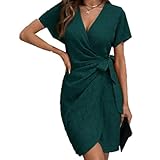 De Las Mujeres De Verano De Cintura Tirantes Vestido De Cuello En V De Color SóLido Bat Manga Manga Corta Nudo Envolvente Falda Lateral