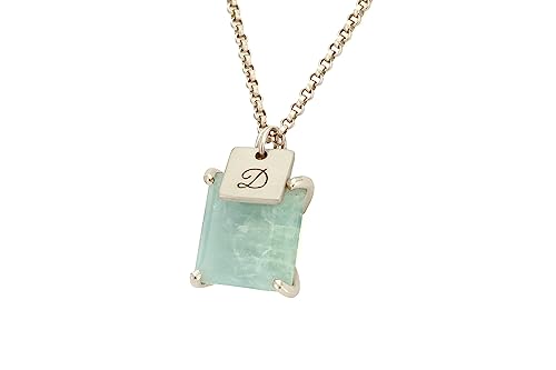 Aquamarine Square Gemstone Pendant - Engraved Initial Coin Charm - Name Necklace - Letter Coin Necklace - Custom Monogram Jewelry - Birthday Accessory - Thumbnail 6