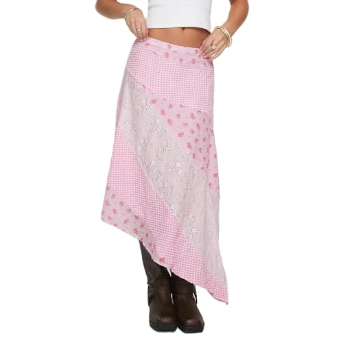Women Western Boho Flowy Maxi Skirt Floral Lace Splice Asymmetrical Hem Long Skirt Summer Holiday Beach Skirt