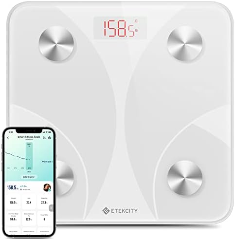 Etekcity smart scale for body weight, digital bathroom weight scale for weight loss, wireless bluetooth body fat scale tracking 12 key data with smartphone apps, health monitor, 400 lb - White