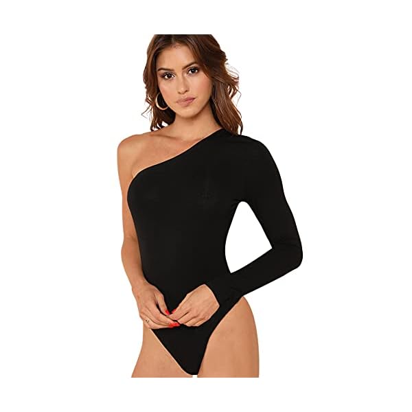 Verdusa Women's Fringe Trim One Shoulder Long Sleeve Bodysuit Top