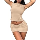 Skang Zweiteiler Damen Sommer Rock Und Top Damen 2-teiliges Outfit, ärmellos, U-Boot-Ausschnitt, bauchfreie Tops, sexy, figurbetont, Mini-Club-Rock-Set, Kleid Anzug Damen Elegant 2 Teiler