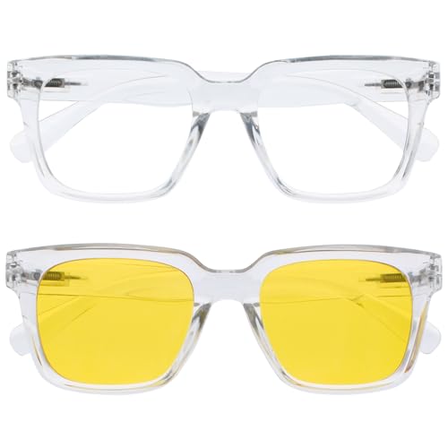 OPULIZERA Gafas luz azul mujer y hombre - Lentes polarizadas transparentes y amarillas - Antirreflectante y Antideslumbrante UV400 - Paquete de 2 - Conducción Nocturna - Claro