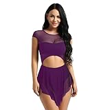 ranrann Women Girl's Lyrical Ballet Leotard Contemporary Dance Costumes Latin Dance Outfits Mesh Dancing Dress Dark Purple Small