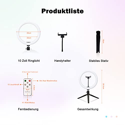 10" LED Ringlicht,RGB Tiktok Ringleuchte mit Stativ Handy-Halterung Stimmenkontrolle, 18 RGB Farbe,23 dynamische RGB-Regenbogenfarben Heim Licht,10 Helligkeit für Make-up Live-Stream YouTube Selfie – Bild 8