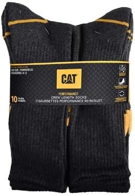 CATERPILLAR (CAT) - Performance Crew Length Socks - 8 to 12 Shoe Size -10 Pack, Black, 10-12