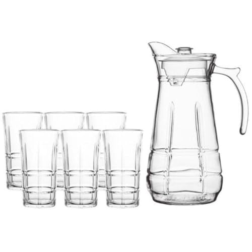 Image of Premium Water and Juice Glasses and Jug Set Combo [6 Piece Glass 350ML & 1 Piece Jug 1.6 Liter] Transparent Pitcher Set for Dining Table, Home & Restaurant,Party (MTS - 26)