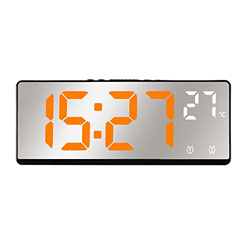 Quystetes Control de Voz Reloj Despertador con Espejo Temperatura Digital Alarma Dual Snooze Escritorio Reloj de Mesa Modo Nocturno 12/24H (Naranja)