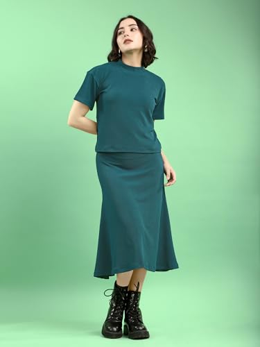 Image of PURVAJA Women's Short Sleeve Top with Skirt Solid Co-ords Set