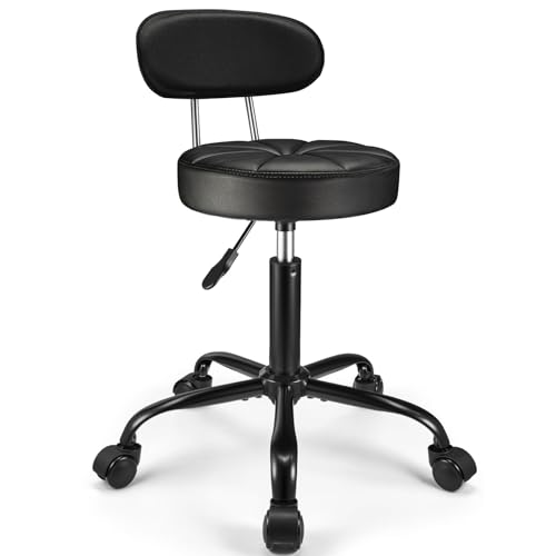 Image of PU Leather Rolling Stool with Back Support Height Adjustable Swivel Stool Chair with Wheels Drafting Chair for Spa Slaon Massage Stable Base Foot Black