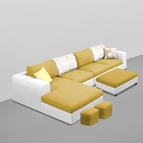 Image of Koza LHS 8 Seater L Shape Sofa Set with Center Table for Living Room (Yellow Grey Fabric) Premium Fabric Sofa