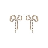 SEVENSTONE Bowknot Tassel Earrings Silver Cuff Pearl Cubic Zirconia Crawler Bow Stud Chain Crystals