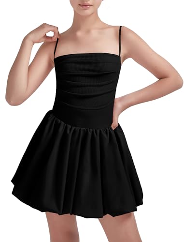 EXARUS Girls Dress Puff Bubble Ruched Teen Adjustable Spaghetti Strap Summer Casual Cami Mini Dresses