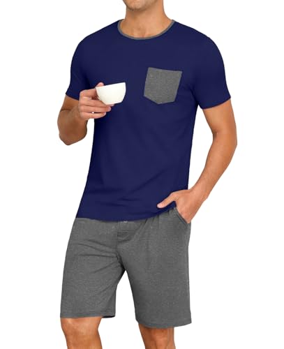 Image of PrinStory Mens Summer Pajamas Set Lightweight Pjs Sets Short Sleeve Pajama Shorts Set Soft Sleepwear Loungewear with Pockets