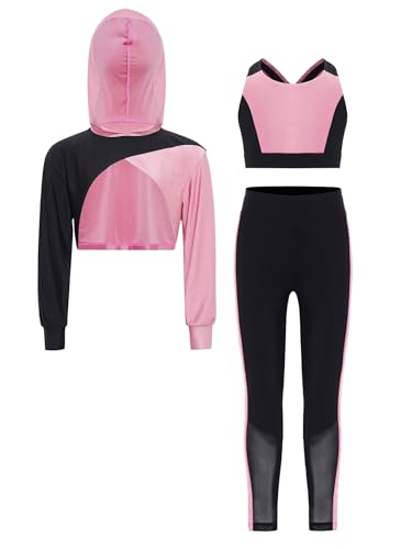 Kids Girls Color Block Street Dance Outfits Long Sleeve Hooded Crop Top Sports Vest and Leggings Set