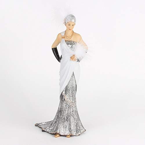 Maisonica Art Deco 'Charleston' Resin Lady Silver & Black Dress Figurine Ornament 30 cm