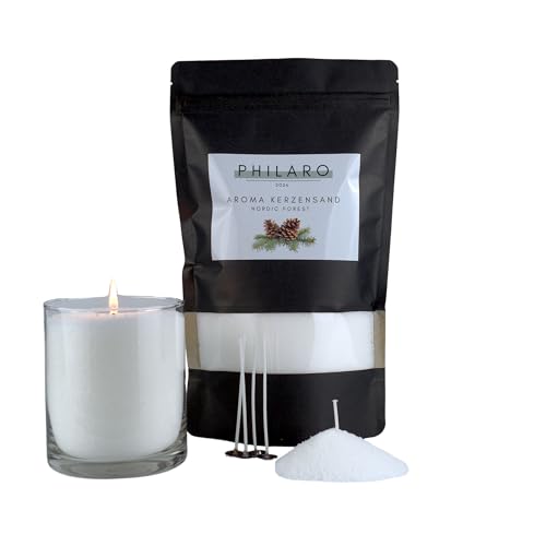 Philaro Kerzensand mit Duft - Nordic Forrest - 400g inkl. 4 Dochte in vier Duftvarianten - Kerzengranulat - Aromasand - Kreative DIY Kerzen - Kerzenalternative