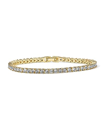 PAVOI 14K Yellow Gold Plated Tennis Bracelets for Women - 3mm Cubic Zirconia Classic Gold Tennis Bracelets for Women and Men - Trendy CZ Jewelry Gifts - Size 7 Inches