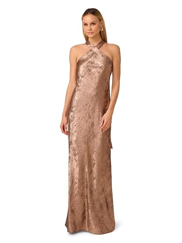 Adrianna Papell Women's Foiled Woven Halter Gown, Mocha, 18