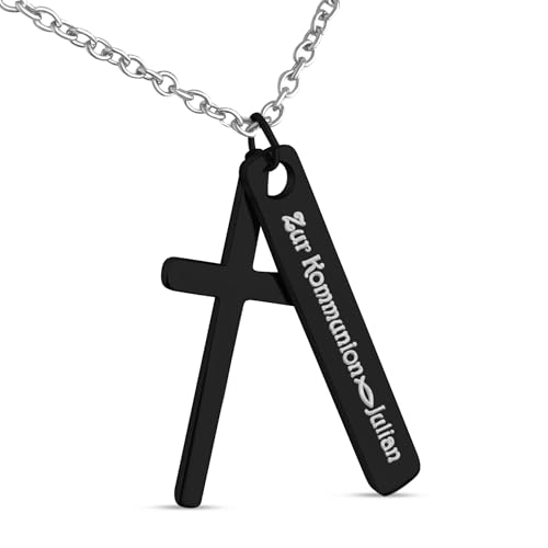 Hanessa Personalisierte Kette mit Gravur Edelstahl 50 cm mit Anhänger Kreuz Rechteck in schwarz - Personalisierte Geschenke für Kinder und Erwachsene - Halskette Damen Herren Mädchen Jungen