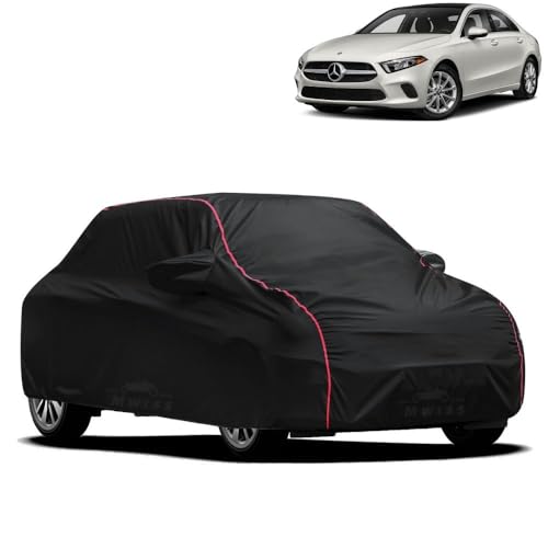 Image of Waterproof Car Cover for Mercedes Benz AClass | All-Weather Protection, Dustproof & UV Resistant | Triple Stitched Mirror Pockets, Windproof Buckle Strap with Elastic Hem, Black-Red Piping