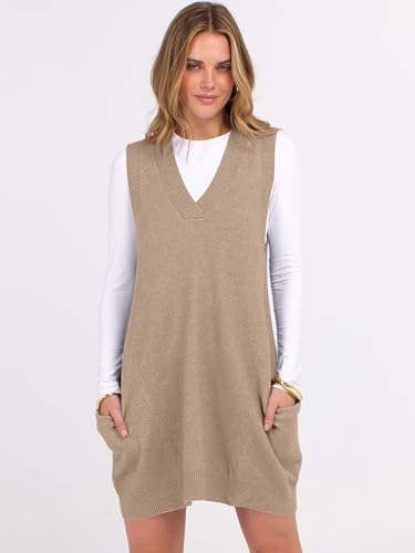 Caracilia Womens Sweater Vest Dress Wool Blend V Neck Sleeveless Loose Fit Casual 2025 Fall Short Tank Dresses with Pockets2