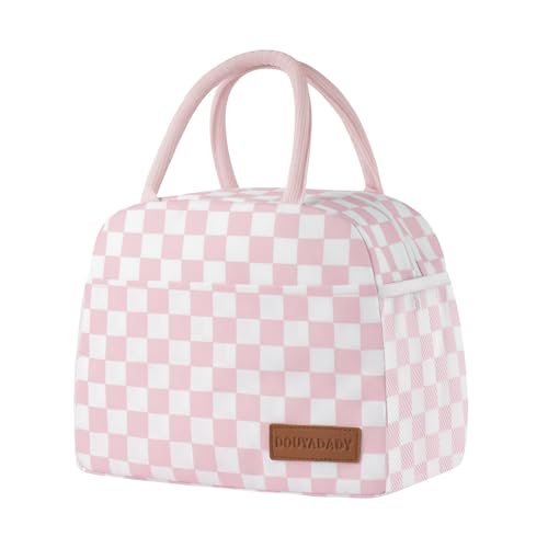 douyadady Lunch Bag Women/Men Lunch Box Women/Men (Pink+White Checkerboard)