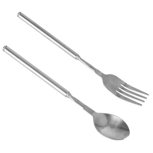 Cucchiaio Forchetta Estensibile 8,7-25 Pollici, 2 Pezzi Forchetta Retrattile in Acciaio Inox Cucchiaio Telescopico per Barbecue e Stoviglie, Cena Frutta Dessert