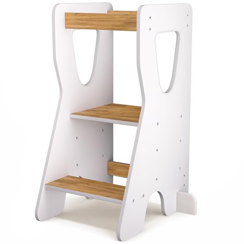COSYLAND Torre de Aprendizaje Montessori de Madera – Altura Ajustable en 3 Niveles – para Niños Desde 18 Meses – con Barandillas de Seguridad – Estable y Fácil de Montar – Natural y Blanco, Forma R