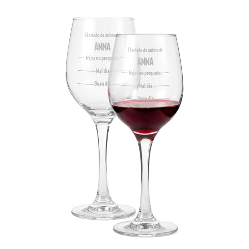 Regalo Original Made In Gift – Set de 2 Copas de Vino Burdeos de Cristal Personalizadas | Copas Grabadas con Nombre o Texto (ánimo)