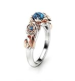 STAR JEWELLER Enchanted Disney Belle Round Cut Blue Diamond Three Roses Leaf Design Engagement Ring, 925 Sterling Silver Rhodium Plated (Two Tone Gold Finish, 7)