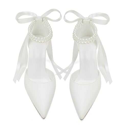Closed Toe Pearl Heels Satin Wedding Shoes for Bride High Heels with Bow Chunky Block Heels for Women Prom Evening Party Dress Shoes Pumps2