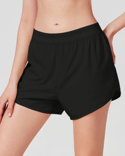 Liloak Womens Athletic Shorts with Mesh Waist 2 in 1 Running Activewear Mid Rise Gym Shorts Pack3