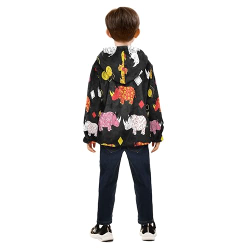 Colorful Rhinos on Black Toddler Fleece Jacket Girl Boys Hooded Fleece Jacket Coat Warm Outwear Zip-up 3-10T4