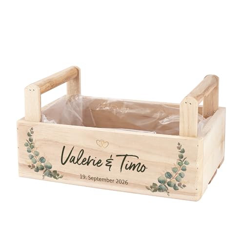 Herz & Heim® Hochzeit Präsentkorb aus Holz personalisiert mit Namen & Datum – Ge